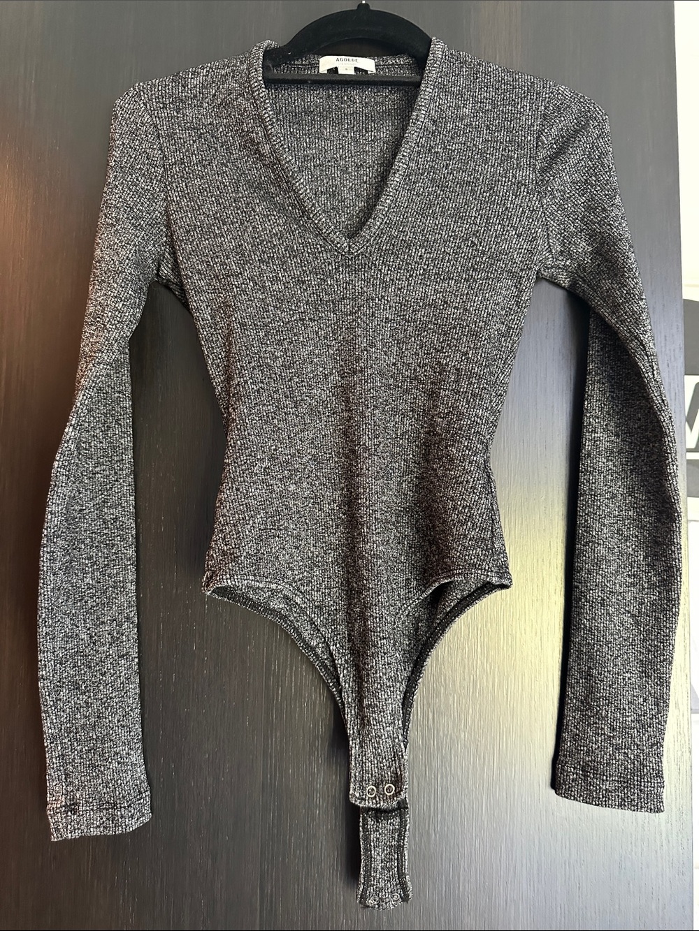 Agolde Ribbed Long Sleeve V Neck Bodysuit, Heathered Black, Small